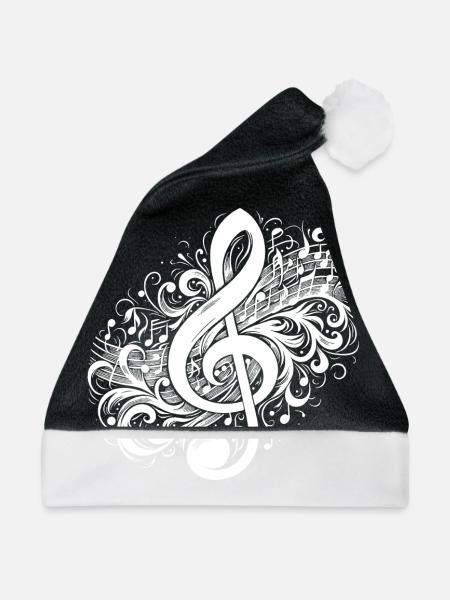 Musik Notenschlüssel mit Vintage Noten - Weihnachtsmütze - Schwarz/Weiß - Vorne