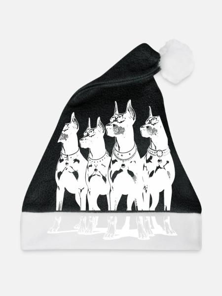 Vier schlaue wachsame Dobermänner Hunde - Weihnachtsmütze - Schwarz/Weiß - Vorne