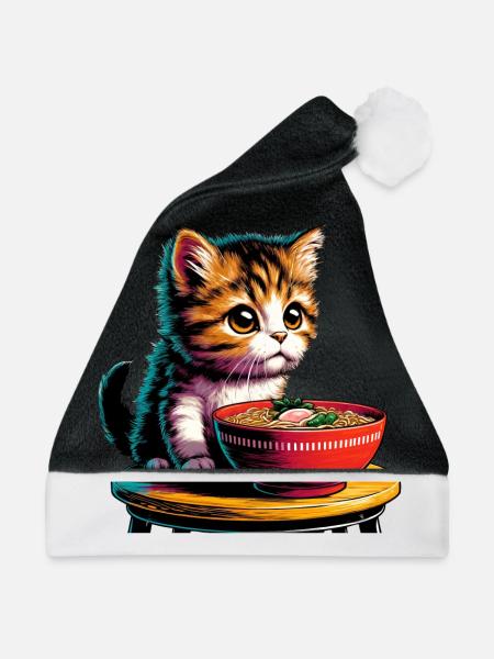 Katze Ramen Kawaii Anime - Weihnachtsmütze - Schwarz/Weiß - Vorne