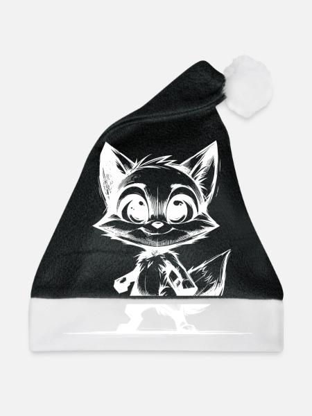 Baby Fuchs Kinder Zeichnung Skizze - Weihnachtsmütze - Schwarz/Weiß - Vorne