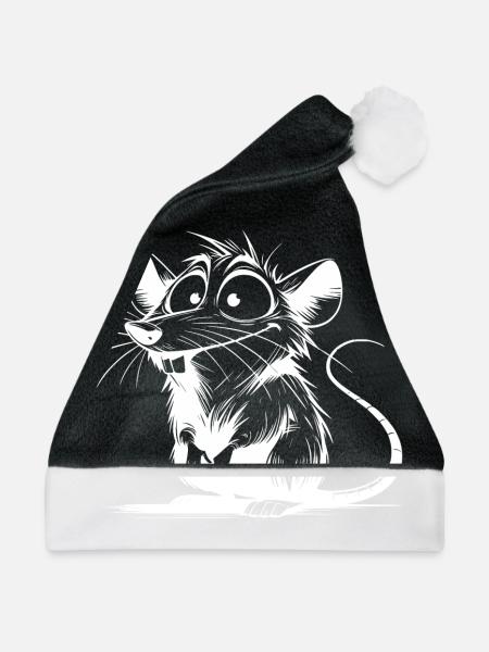 Knuddelige Hausratte mit großen Augen und Ohren - Weihnachtsmütze - Schwarz/Weiß
