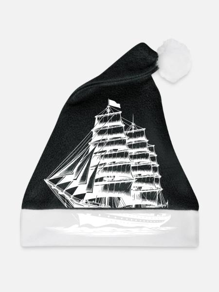 Altes Segelschiff in Wellen mit gesetzten Segeln - Weihnachtsmütze - Schwarz/Weiß - Vorne