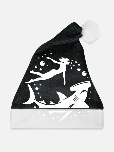Hammerhai und Taucherin schweben Unterwasser - Weihnachtsmütze - Schwarz/Weiß - Vorne