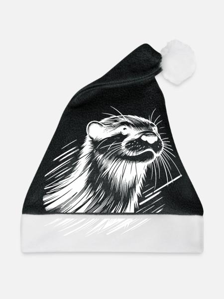 Niedliches Otter Porträt Bleistiftskizze - Weihnachtsmütze - Schwarz/Weiß