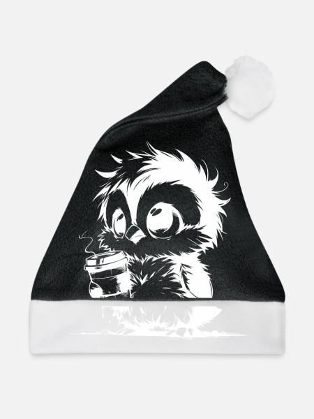 Kleine verwuschelte müder Eule mit Kaffee - Weihnachtsmütze - Schwarz/Weiß - Vorne