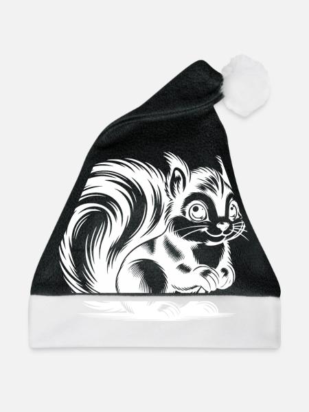 Kleines putziges Eichhörnchen Bleistift Zeichnung - Weihnachtsmütze - Schwarz/Weiß - Vorne