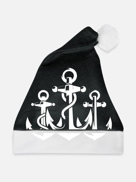 Drei Anker mit Seil Tau um das Eisen - Weihnachtsmütze - Schwarz/Weiß - Vorne