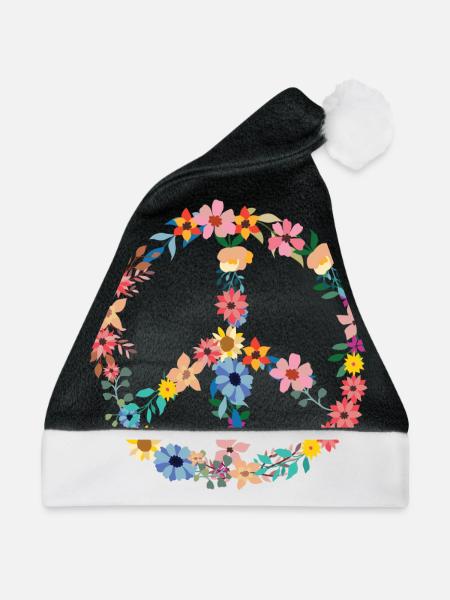 Hippie Symbol buntes Friedenssymbol mit Blumen - Weihnachtsmütze - Schwarz/Weiß - Vorne