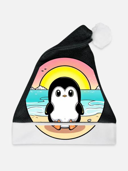Strand Pinguin im Sonnenuntergang - Weihnachtsmütze - Schwarz/Weiß - Vorne