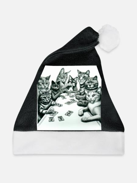 Cats Playing Cards - Weihnachtsmütze - Schwarz/Weiß - Vorne