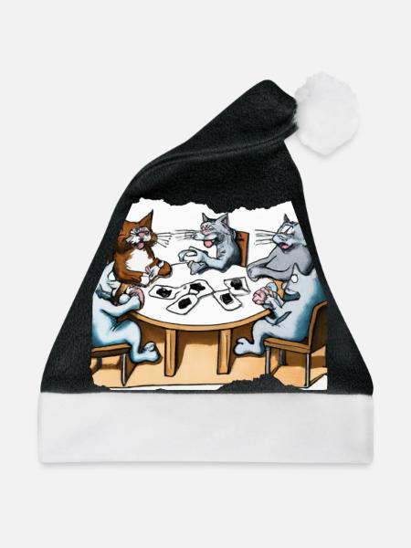 Cats Playing Cards - Weihnachtsmütze - Schwarz/Weiß - Vorne