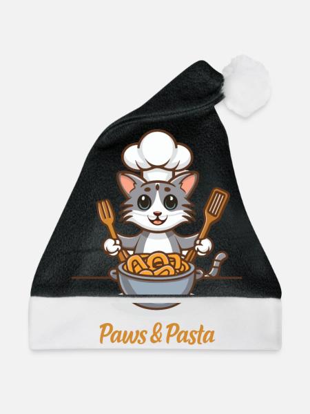 Paws and Pasta Lustige Katzen Tier Sprüche - Weihnachtsmütze - Schwarz/Weiß - Vorne