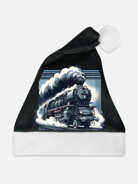 Die Kraft des Dampfes - Grafik einer Dampflok - Weihnachtsmütze - Schwarz/Weiß