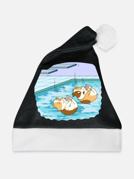 Meerschweinchen Sprungturm Sprungbrett Schwimmen - Weihnachtsmütze - Schwarz/Weiß