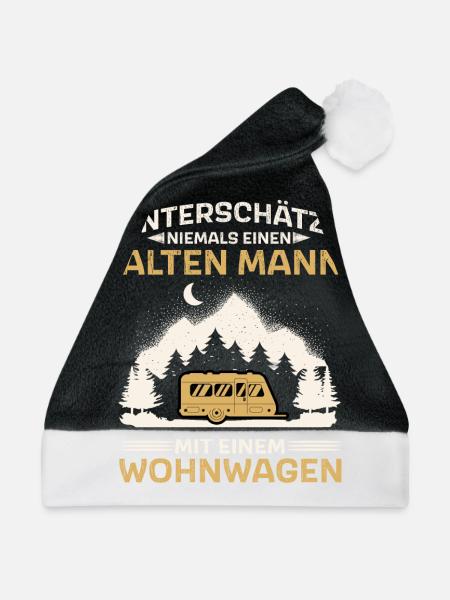 Alter Mann Camping Camper mit Wohnwagen - Weihnachtsmütze - Schwarz/Weiß