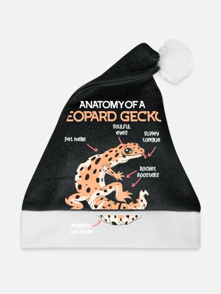 Terrarium Anatomie eines Gecko Echse Leopardgecko - Weihnachtsmütze - Schwarz/Weiß - Vorne