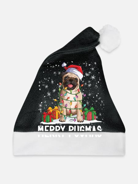 Mops Weihnachten 2022 Mops Hundebesitzer Geschenk - Weihnachtsmütze - Schwarz/Weiß - Vorne