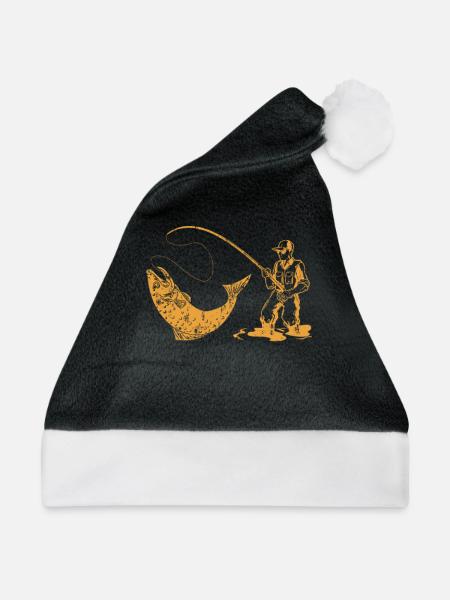 Angler mit Rute und Fisch - Weihnachtsmütze - Schwarz/Weiß - Vorne