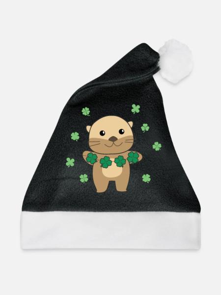 Otter mit Kleeblätter süße Tiere für Glück - Weihnachtsmütze - Schwarz/Weiß - Vorne