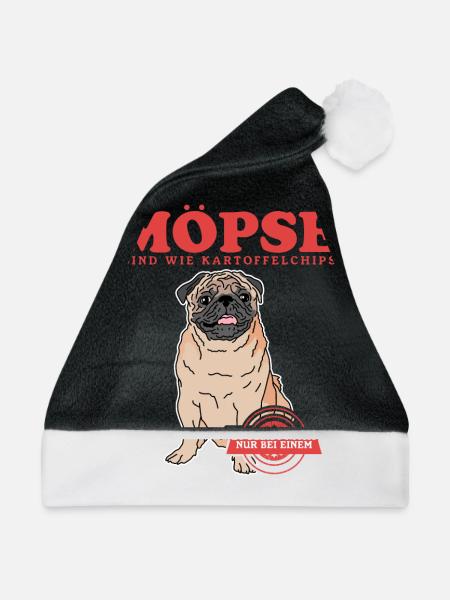 Mops Hunde Hundebesitzer Hundeliebhaber Geschenk - Weihnachtsmütze - Schwarz/Weiß - Vorne
