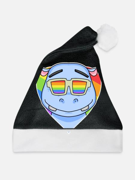 Regenbogen - Nilpferd mit Brille - Weihnachtsmütze - Schwarz/Weiß