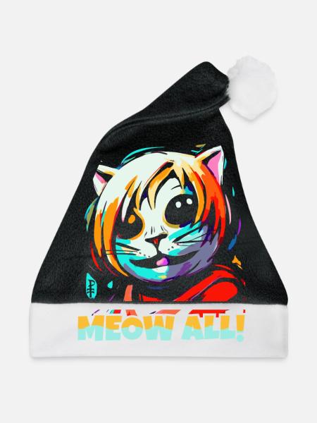 Miau Alle! Lustige bunte Katze - Weihnachtsmütze - Schwarz/Weiß - Vorne