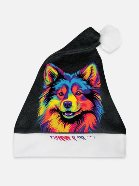 Wasserfarben Farbenfroher Finnischer Lapphund - Weihnachtsmütze - Schwarz/Weiß