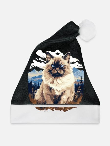 Birman Cat Birma Katze - Weihnachtsmütze - Schwarz/Weiß
