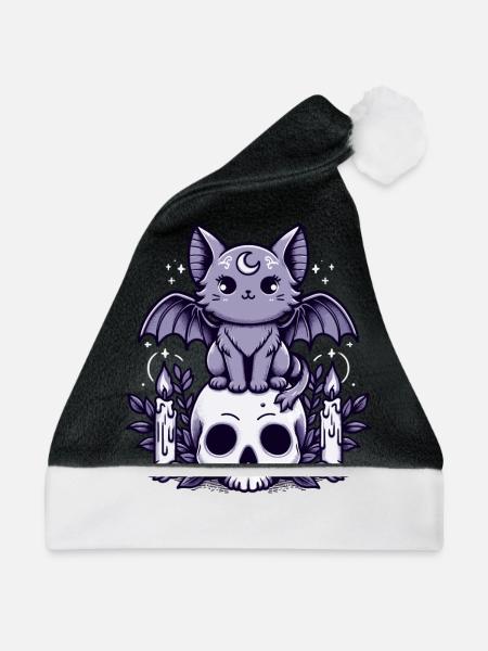 Kawaii Pastel Goth Cute Creepy Katze Fledermaus - Weihnachtsmütze - Schwarz/Weiß