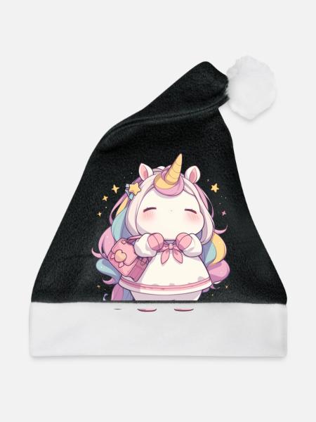 Einhorn Kawaii Japanisch - Weihnachtsmütze - Schwarz/Weiß - Vorne