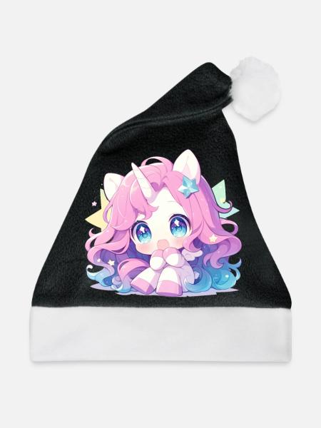 Einhorn Kawaii Japanisch - Weihnachtsmütze - Schwarz/Weiß - Vorne