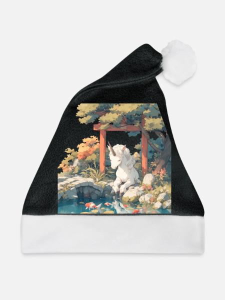 Einhorn Kawaii Japanisch - Weihnachtsmütze - Schwarz/Weiß - Vorne
