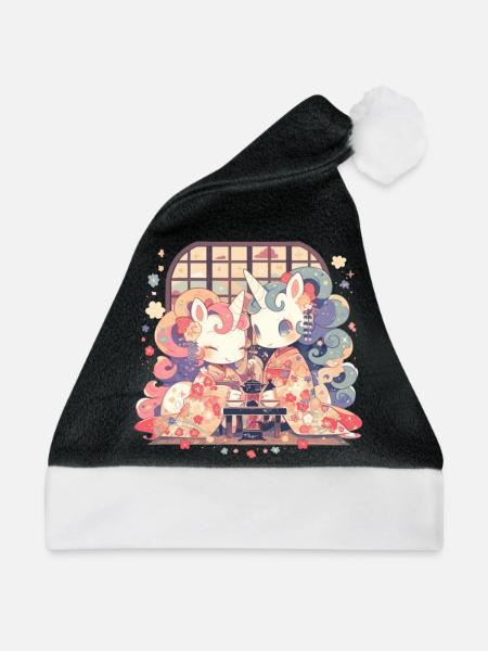Einhorn Kawaii Japanisch - Weihnachtsmütze - Schwarz/Weiß - Vorne