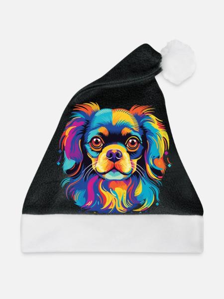 Wasserfarben Farbenfroher Tibet Spaniel - Weihnachtsmütze - Schwarz/Weiß - Vorne