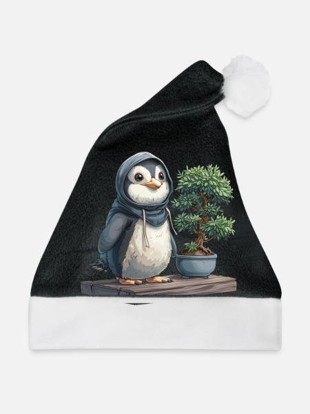 Pinguin Bonsai Japanisch Kawaii Pinguin Niedlich - Weihnachtsmütze - Schwarz/Weiß