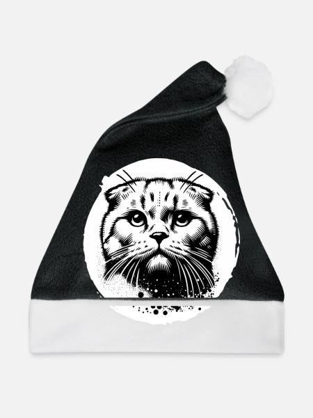 Süße Katze Scottish Fold Schwarz-Weiß Porträt - Weihnachtsmütze - Schwarz/Weiß