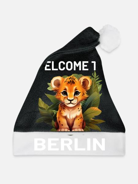 "Welcome to Berlin" Löwe - Stadtleben mit einem - Weihnachtsmütze - Schwarz/Weiß - Vorne