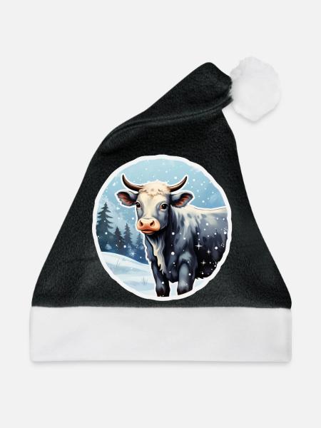 Rind auf winterlicher Alm - Weihnachtsmütze - Schwarz/Weiß