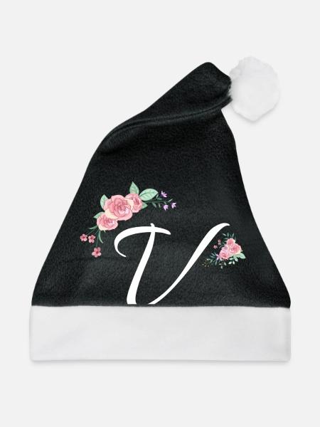 Buchstabe v Blumen - Weihnachtsmütze - Schwarz/Weiß - Vorne