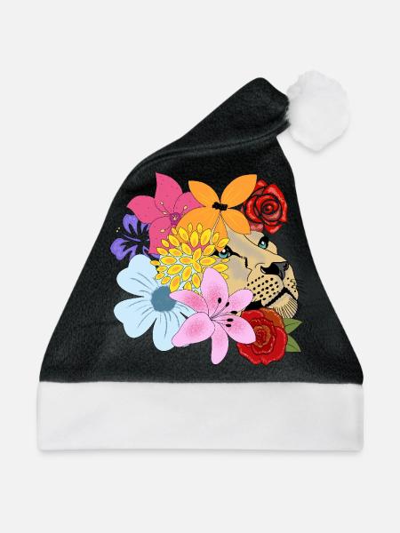 Löwin mit Blumen - Weihnachtsmütze - Schwarz/Weiß