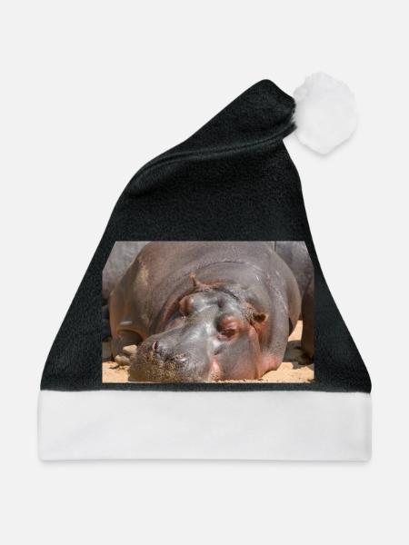 Nilpferd Flusspferd (Hippopotamus amphibius) Hippo - Weihnachtsmütze - Schwarz/Weiß