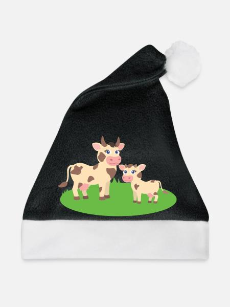 Kuh mit Kalb - Weihnachtsmütze - Schwarz/Weiß