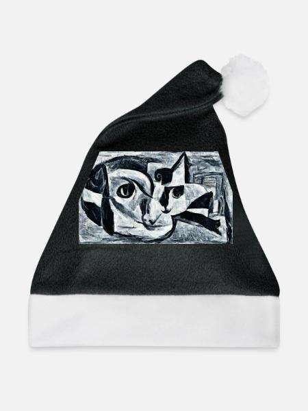 Katze Abstarkt in Schwarz Weiß - Kunst Fine Art - Weihnachtsmütze - Schwarz/Weiß - Vorne