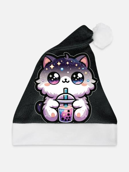 Katzen trinken Bubble Tea Galaxie Boba Katze - Weihnachtsmütze - Schwarz/Weiß - Vorne