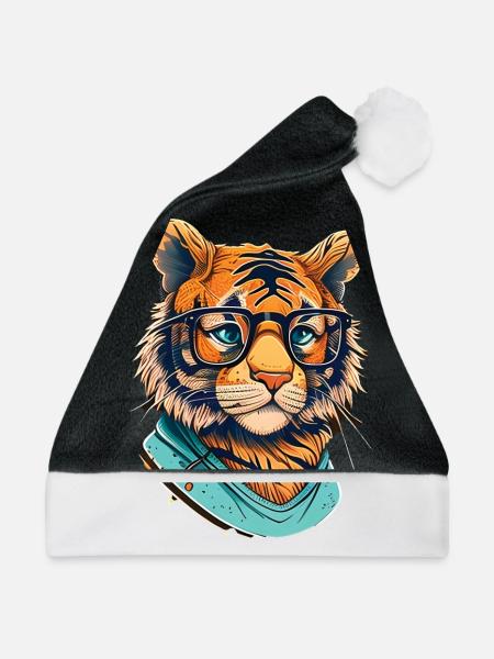 Tiger als Nerd mit Buch - Weihnachtsmütze - Schwarz/Weiß - Vorne