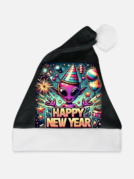 Neujahr Sylvester Alien Frohes Fest - Weihnachtsmütze - Schwarz/Weiß - Vorne