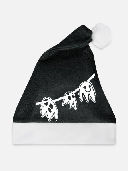 Niedliche Geistergirlande – Handgezeichnetes Halloween-Design - Weihnachtsmütze - Schwarz/Weiß - Vorne