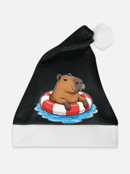 Capybara im Schwimmring – Sommer & Chillen - Weihnachtsmütze - Schwarz/Weiß - Vorne