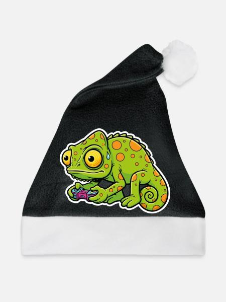 Chameleon Gamer Controller Videospiel-Maskottchen - Weihnachtsmütze - Schwarz/Weiß