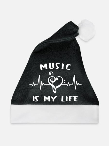 Music is my life - Notenschlüssel - Herz - Weihnachtsmütze - Schwarz/Weiß